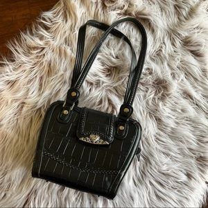 Cute Little Black Purse with Silver Hardware and Croc-Embossed Vegan Leather.